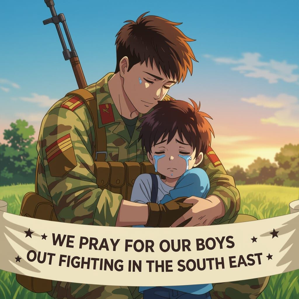 Soldier Comforts Child After War in Anime Style