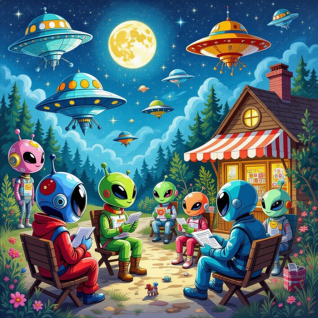 Aliens Gathering at Marketplace: Gouache Painting