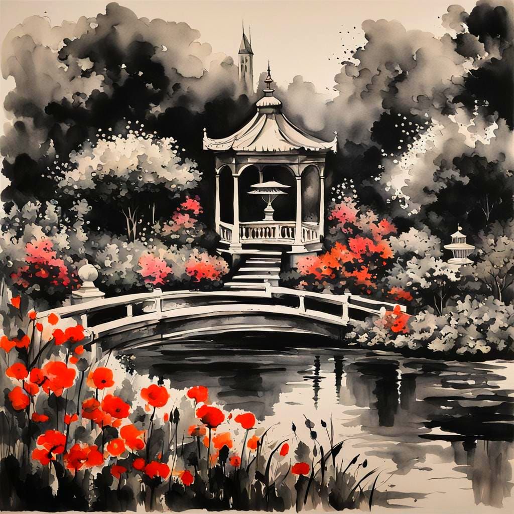 Ethereal European Garden Scene in Ink