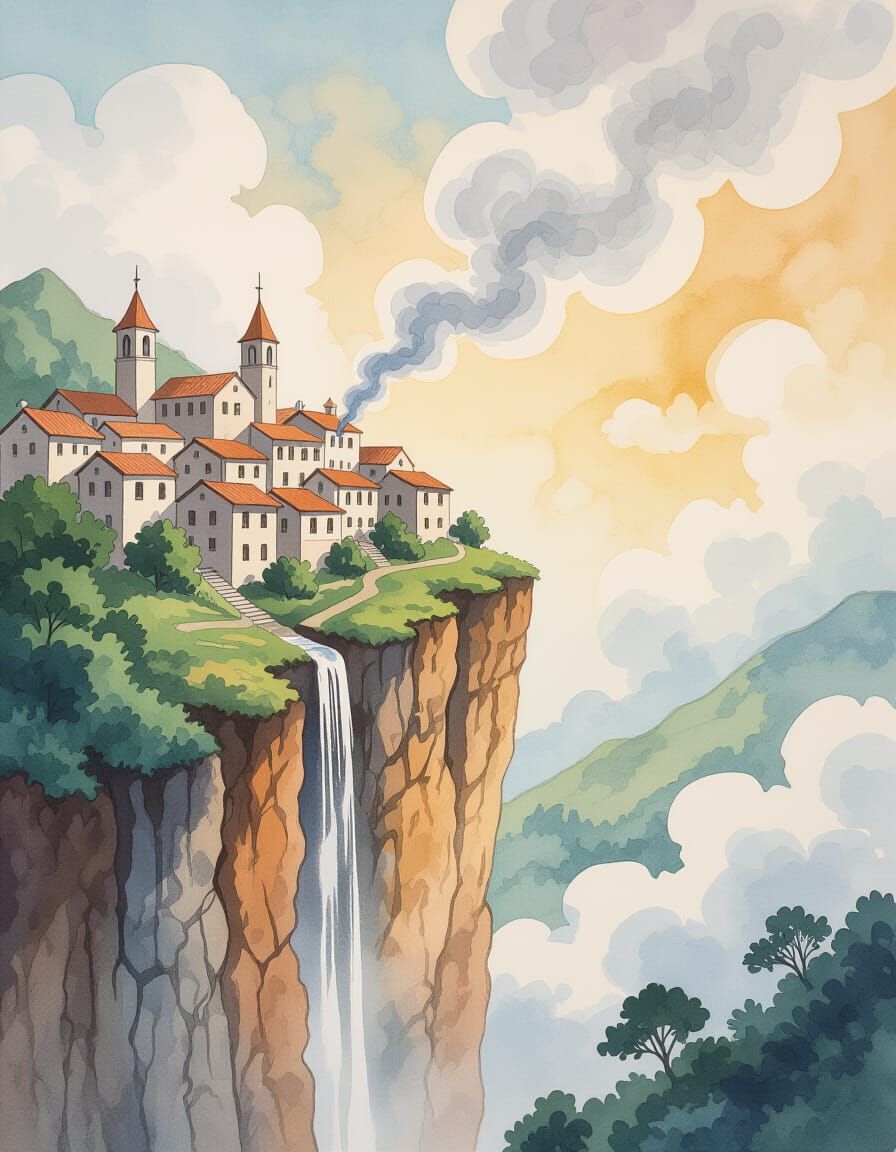 Surreal Mountain Village Watercolor Painting