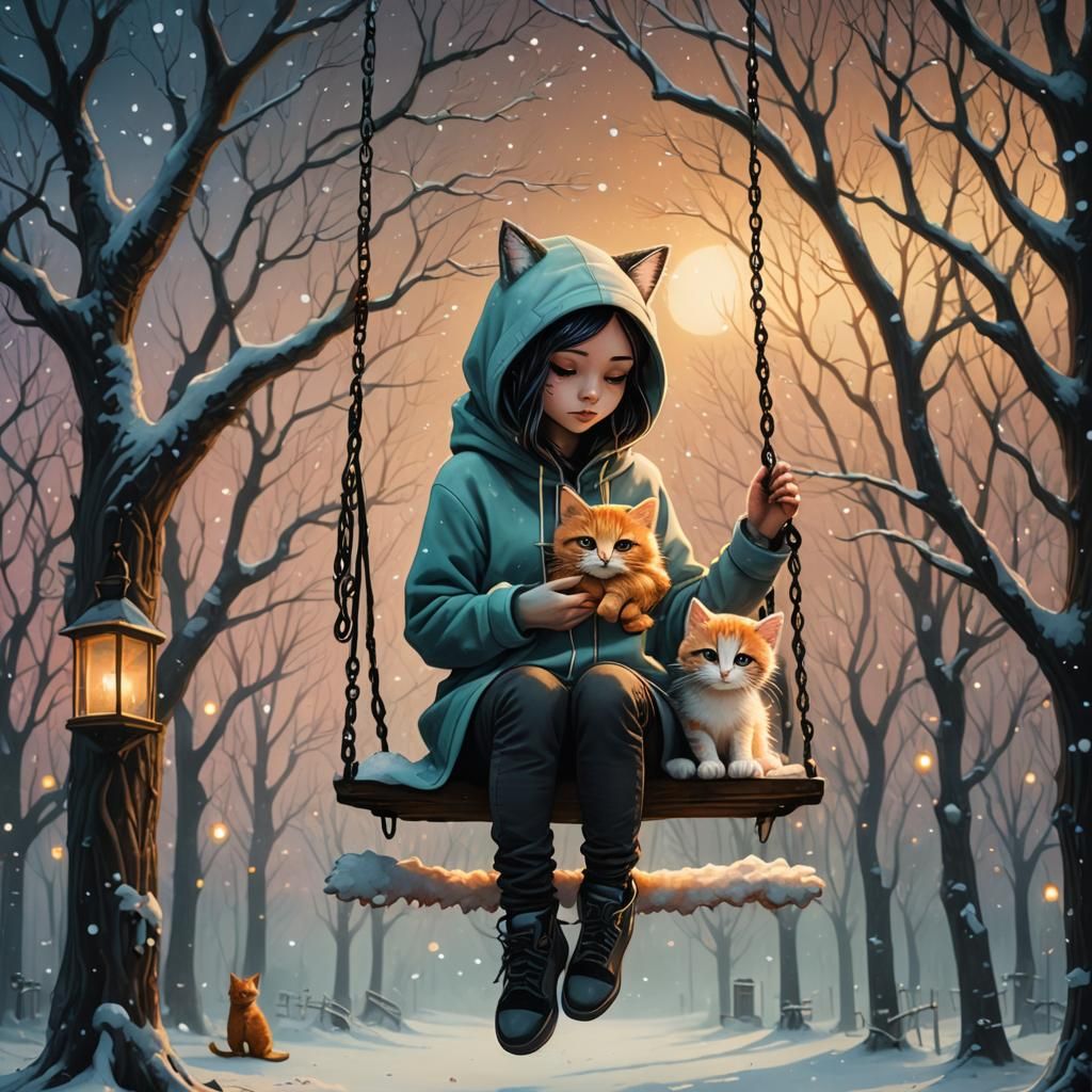 Girl with Kitten in Snowy Forest, Pop Surrealism