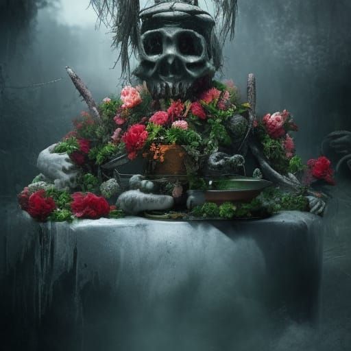 Cannibal Cauldron Surrounded by Flowers: Digital Matte Paint...