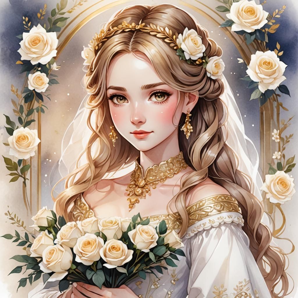 Anime Girl in Wedding Gown with Roses