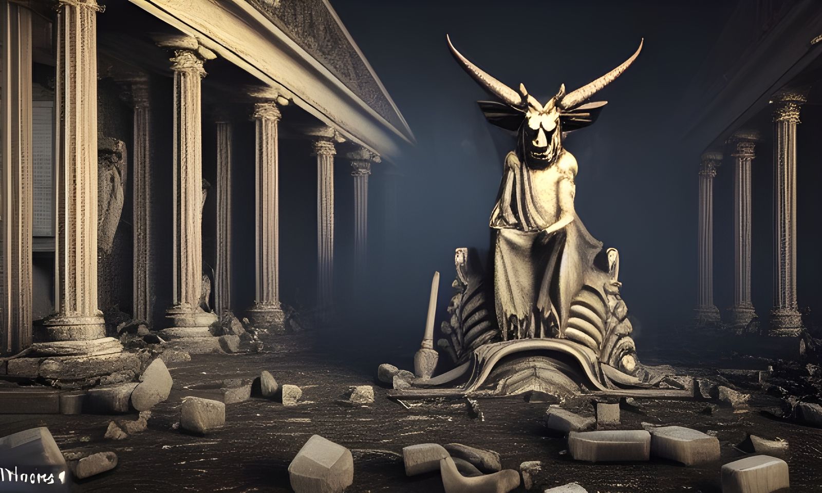 Baphomet Statue in Crumbling Temple, Eerie 8k Photo