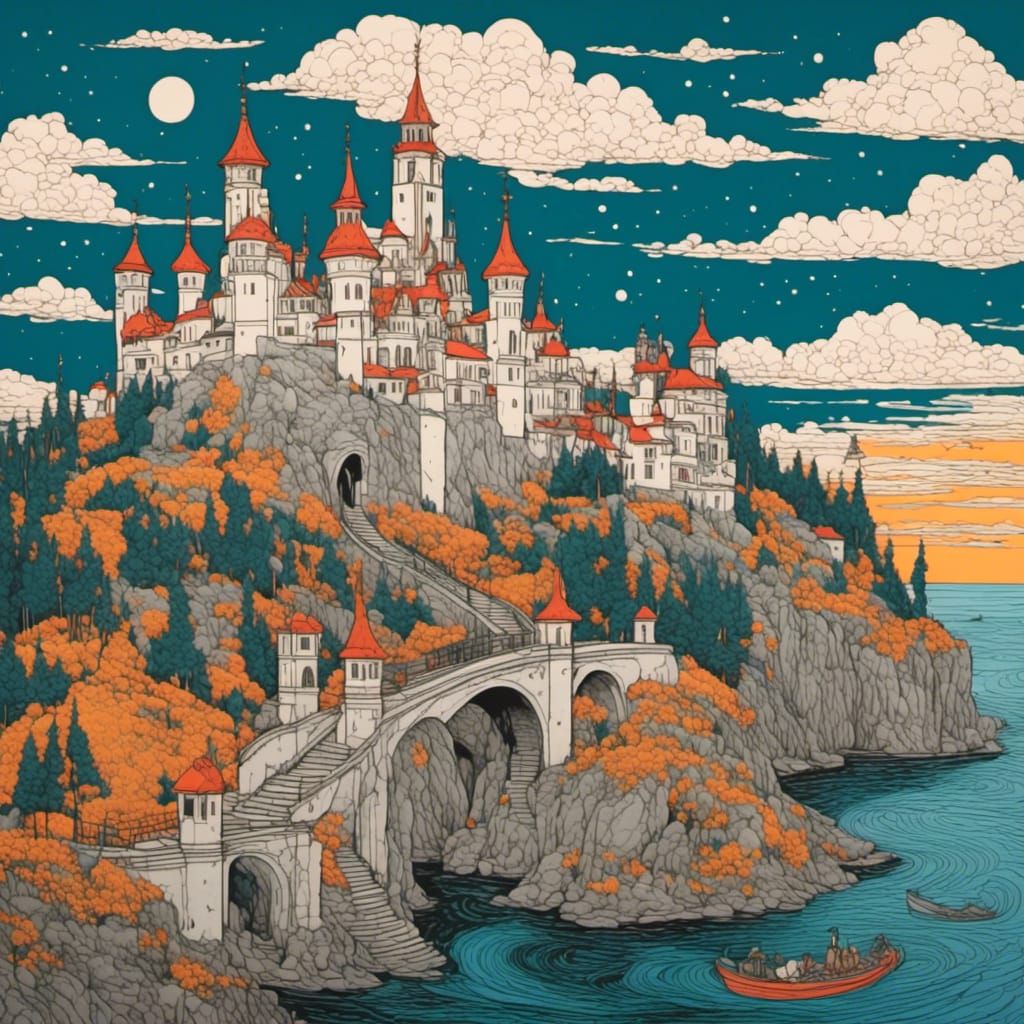 Island Castle with Towers in Palekh Style