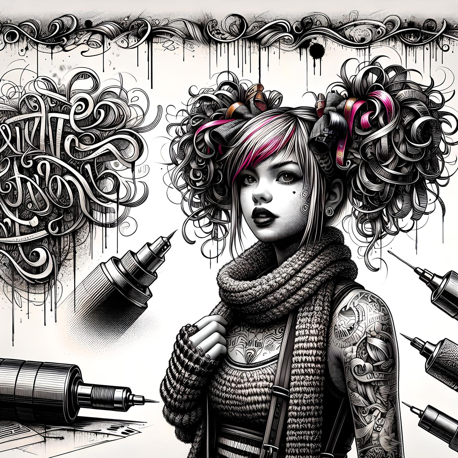 Detailed Tattoo Sketch of Punk Girl with Pigtails