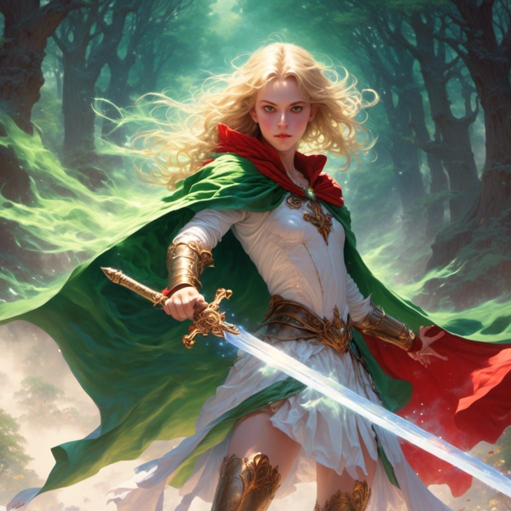 Ethereal Green-Skinned Warrior in Misty Landscape