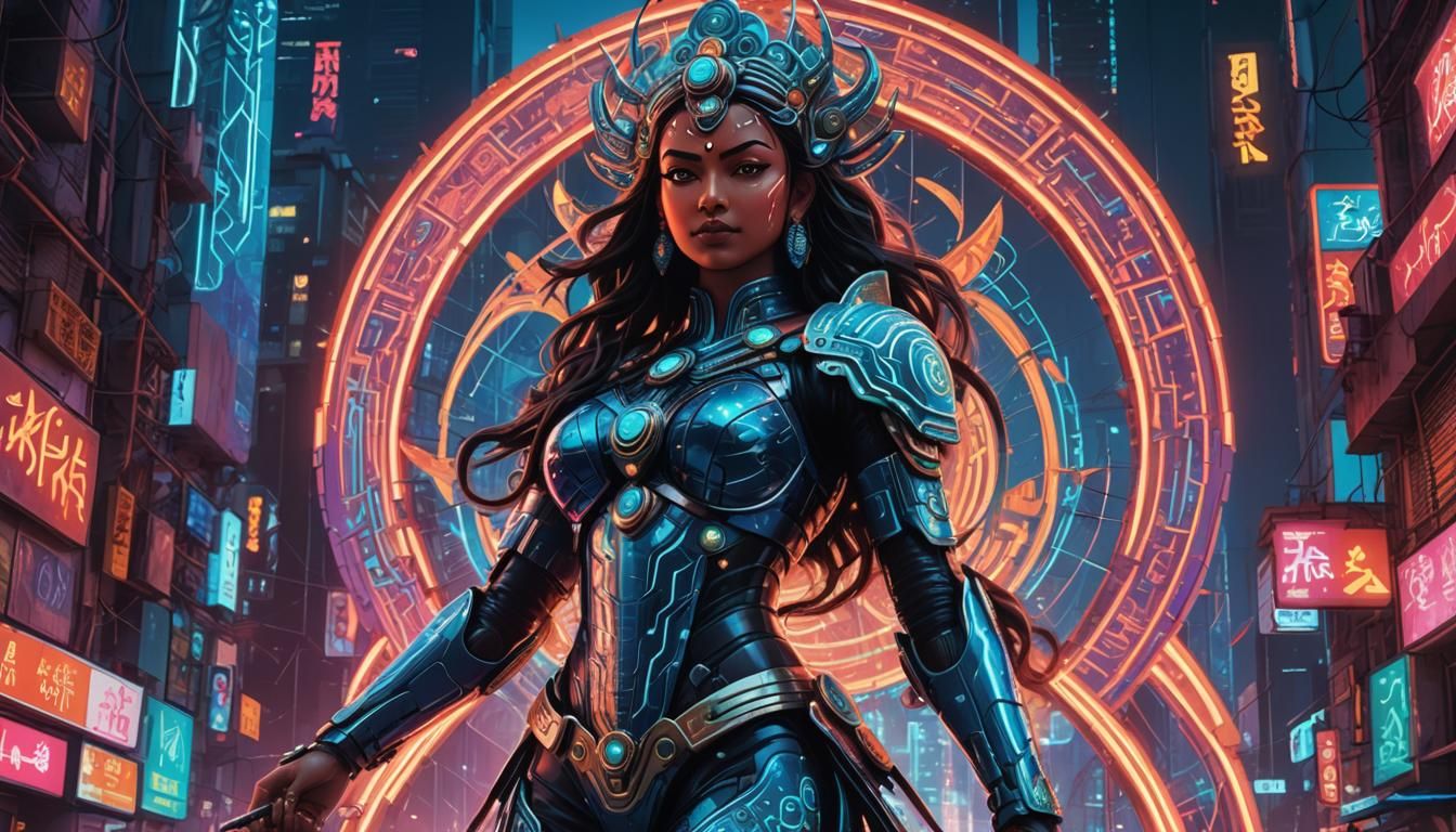 Maa Durga in Cyberpunk Cityscape: Digital Art