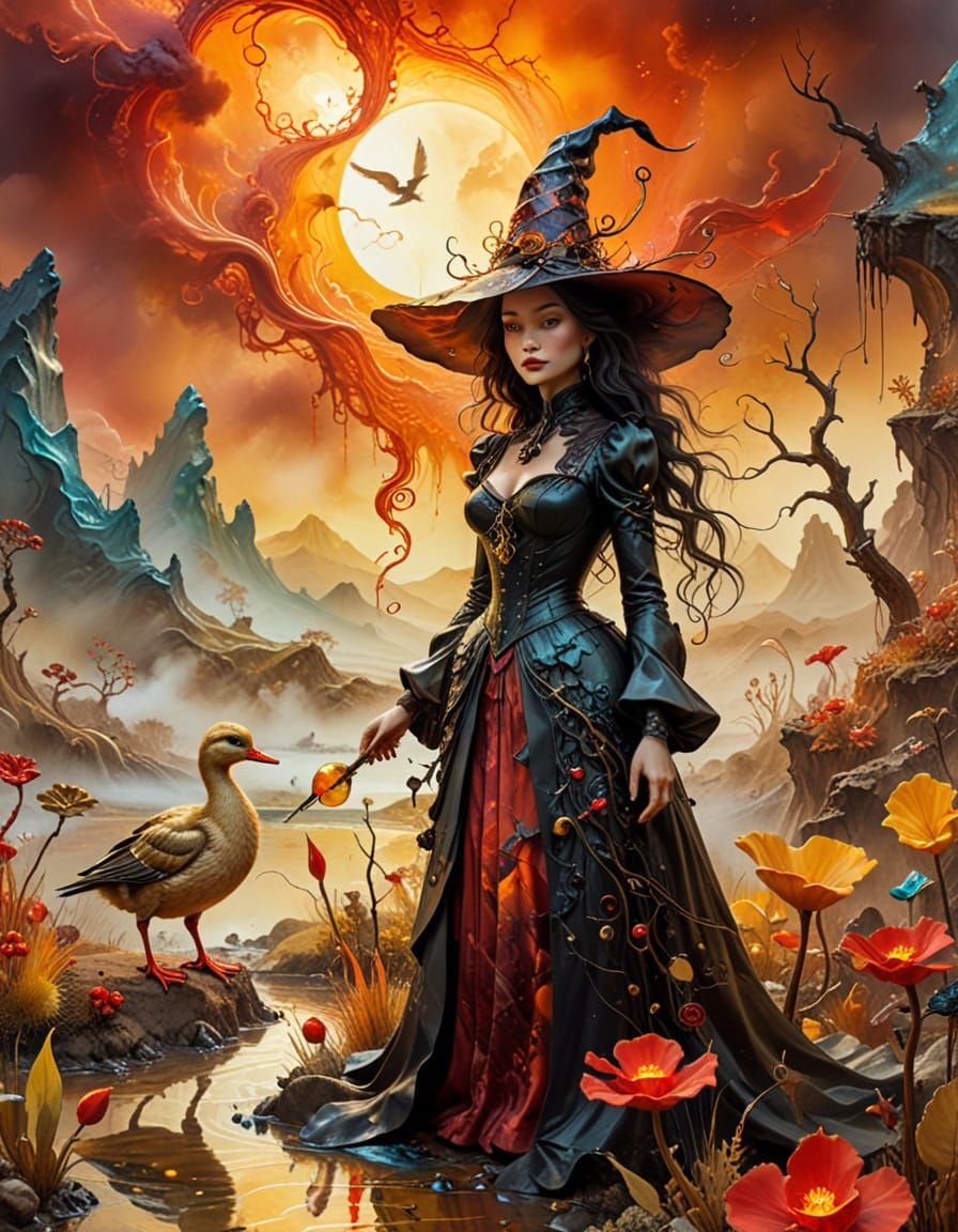 Fantasy Witch in Jurassic Landscape: Surrealist Painting