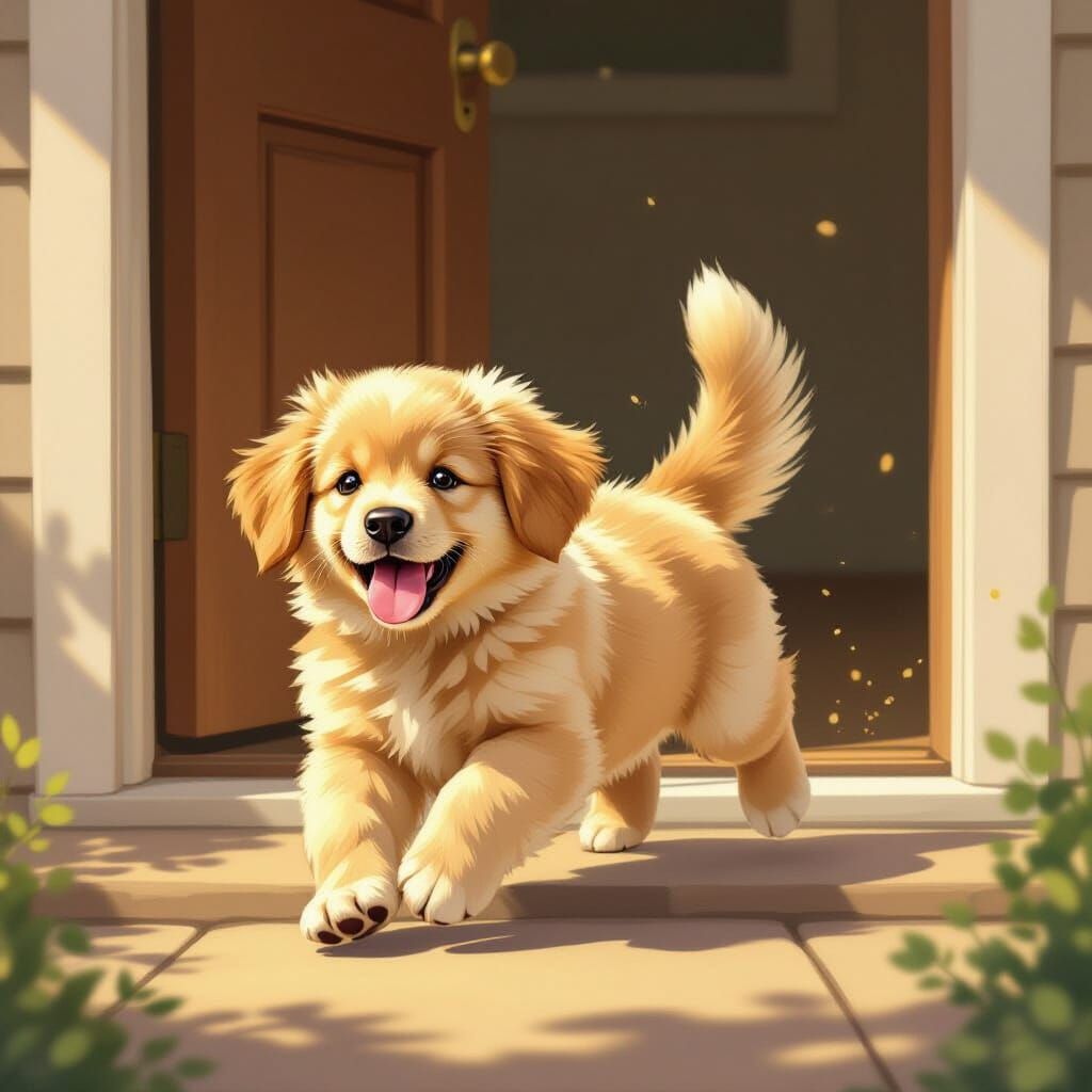 Joyful Golden Retriever Puppy Greets Owner on Sunlit Doorste...