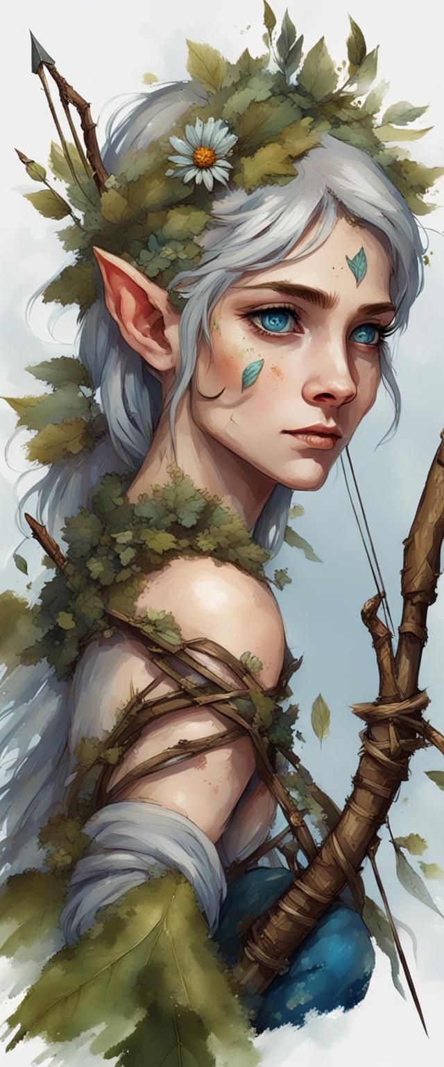 A female halfling elf, big pointy ears, piercing blue eyes, and smudges of dirt on her face. Her outfit is made of twigs...