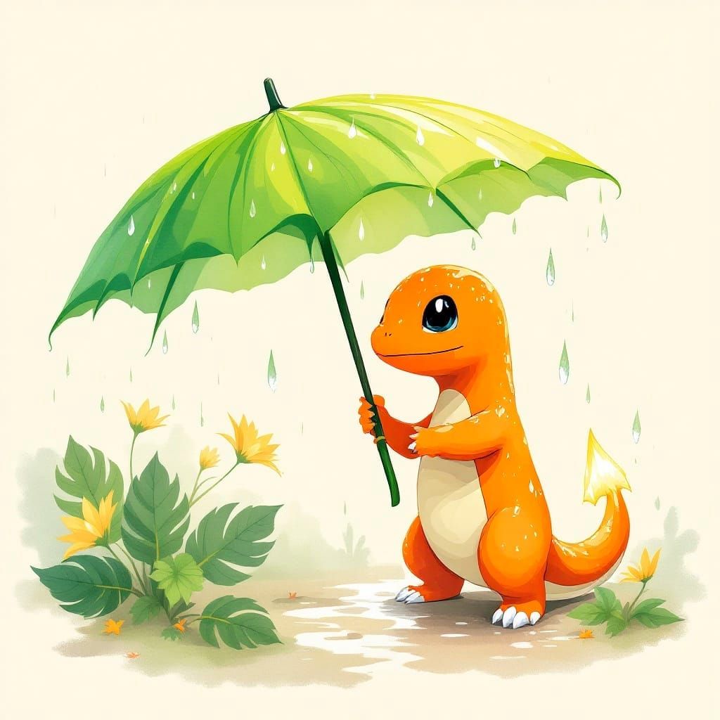 Charmander with Leaf Umbrella in Anime Style