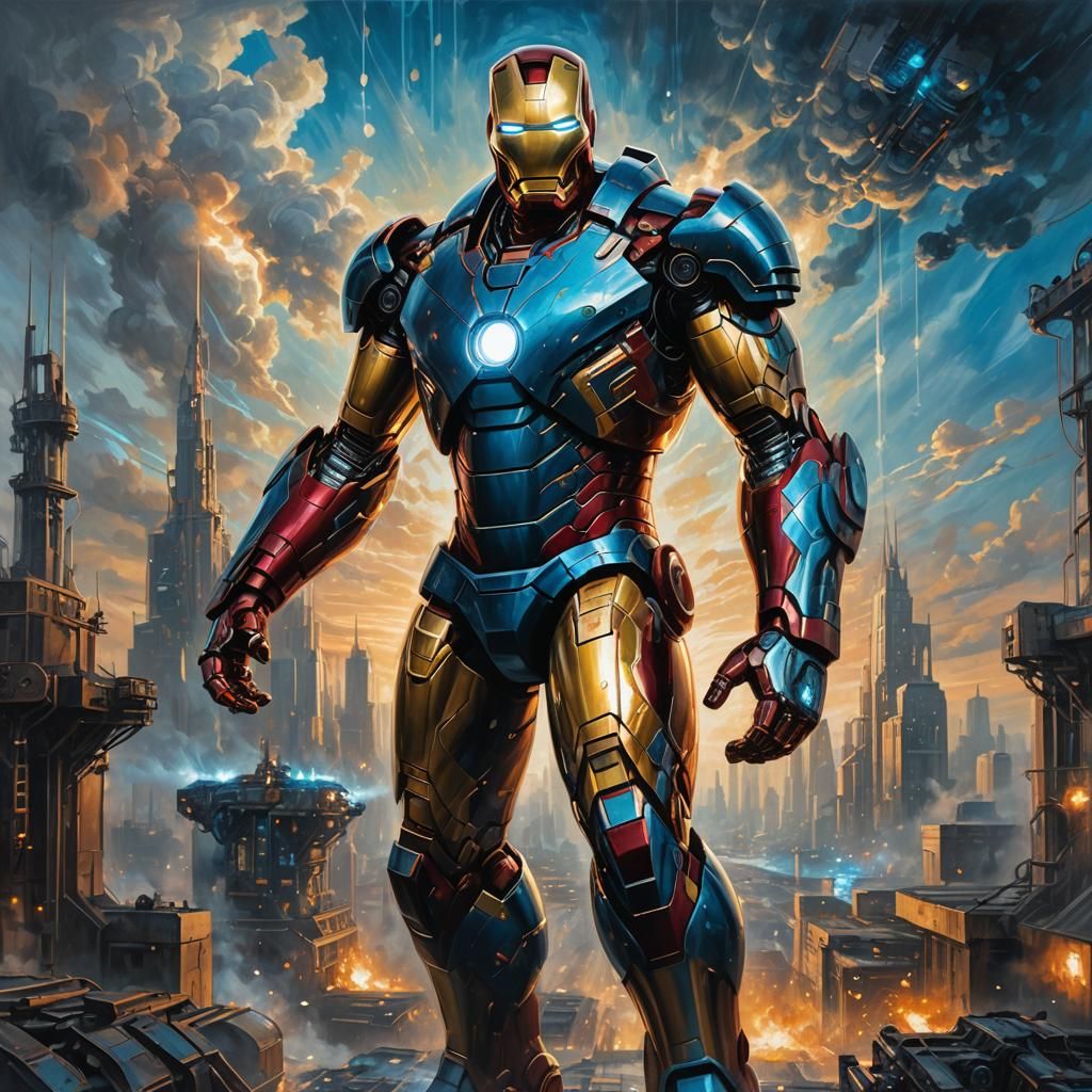 Iron Man in a Futuristic Cityscape: Fantasy Art
