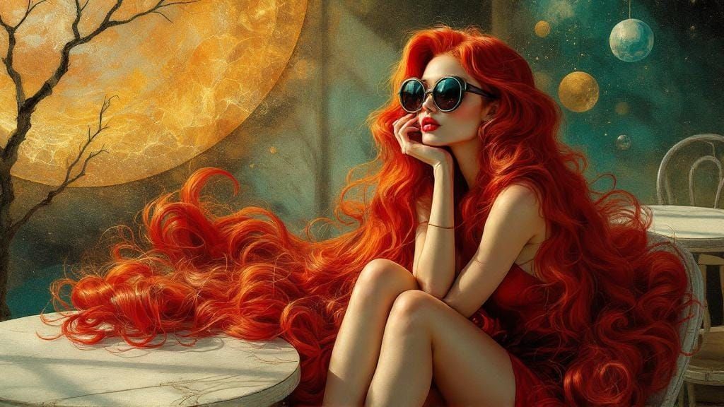 Surreal Woman with Fiery Hair in Dreamlike Cosmic Landscape