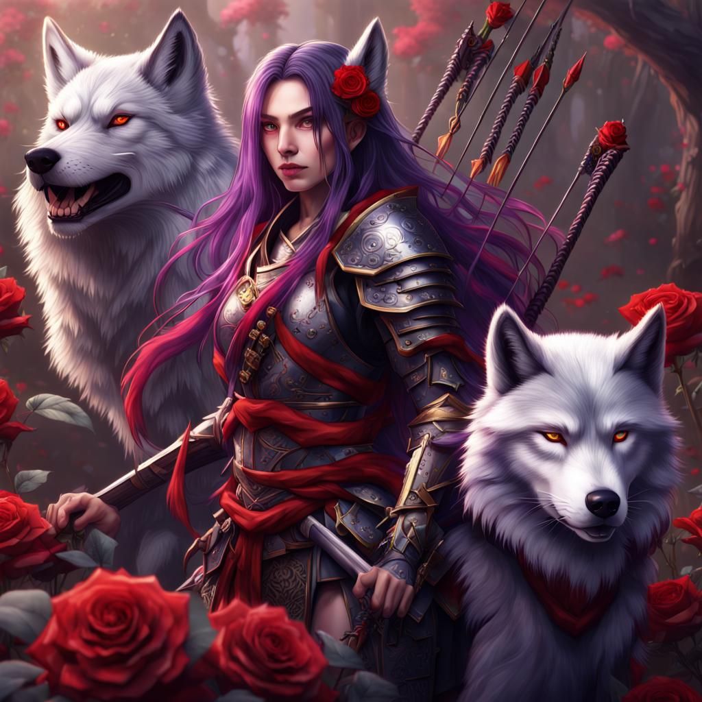 Wolf-Woman in Japanese Armor with Roses