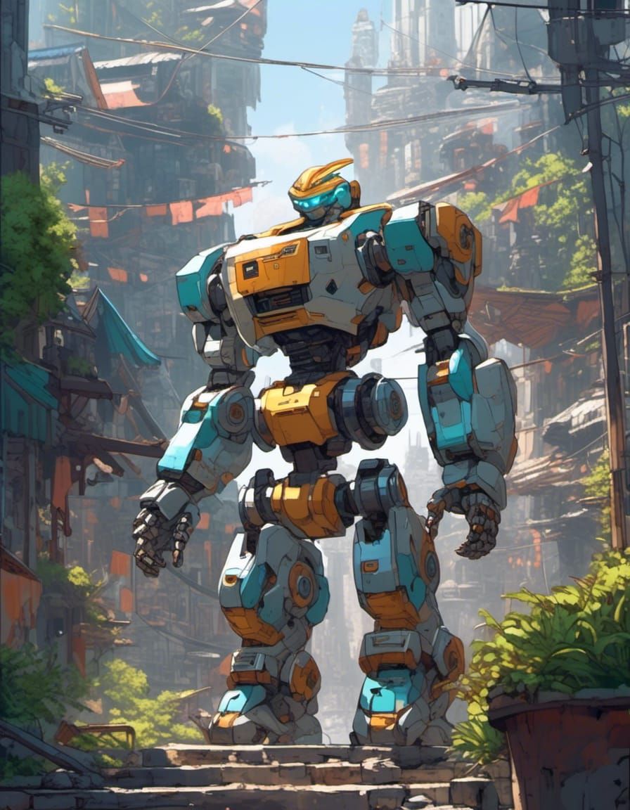 Robot Gazing at Bustling World: Cel-Shaded Anime Style