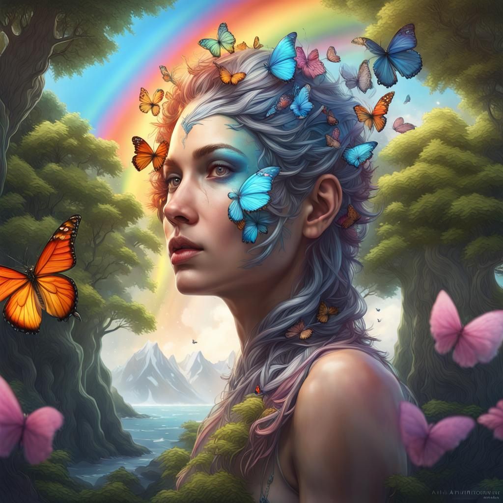 Tree of Life Earth with Rainbow and Butterflies