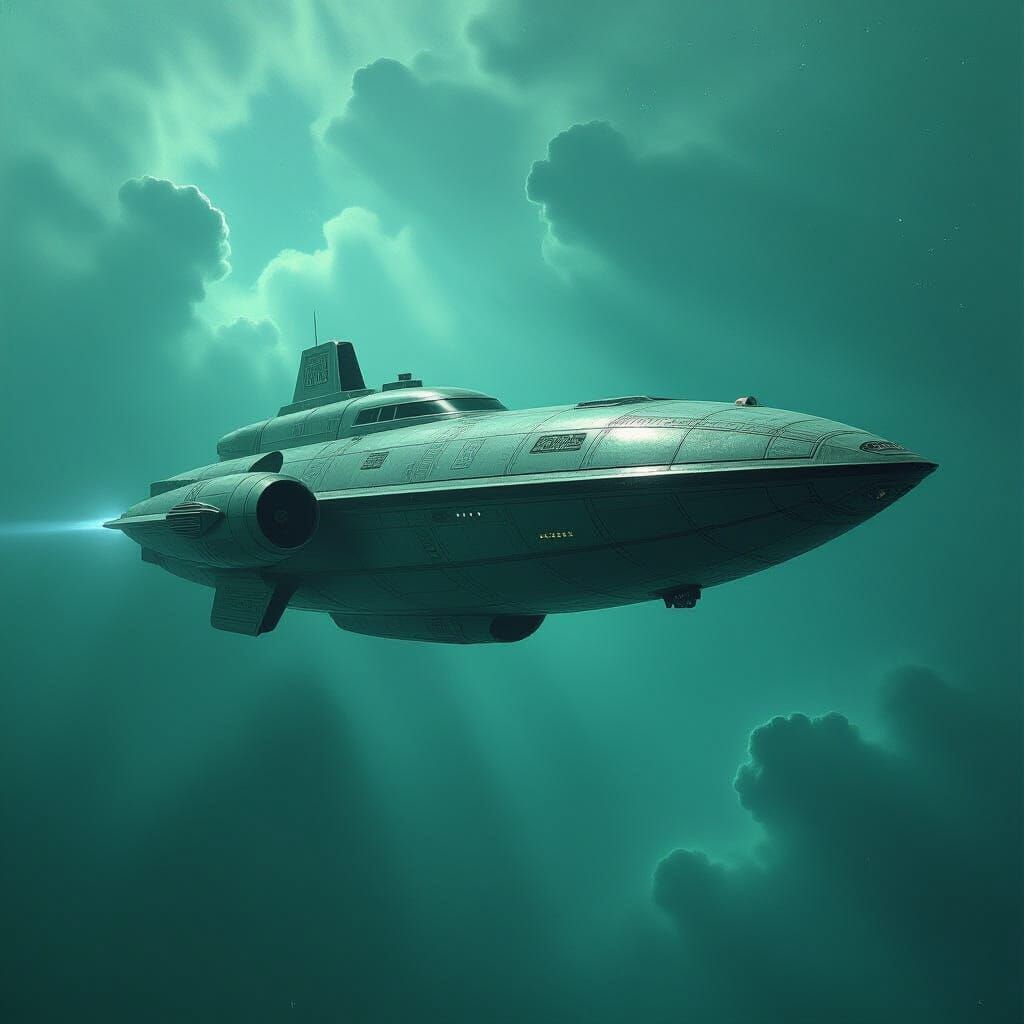 Art Deco Spaceship Drifts Through Nebula in Film Noir Style