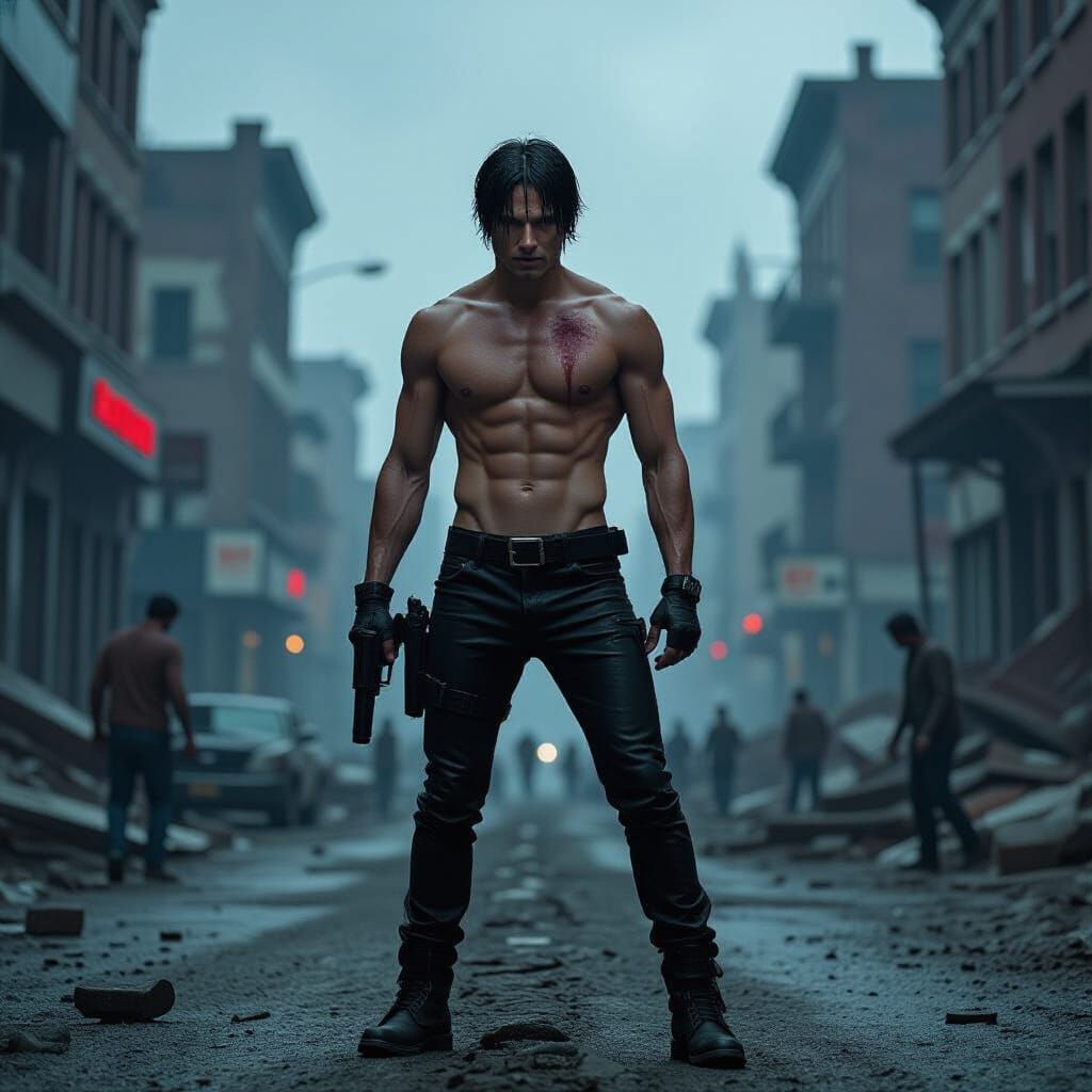 Zombie Hunter in Ruined City, Photorealistic Style