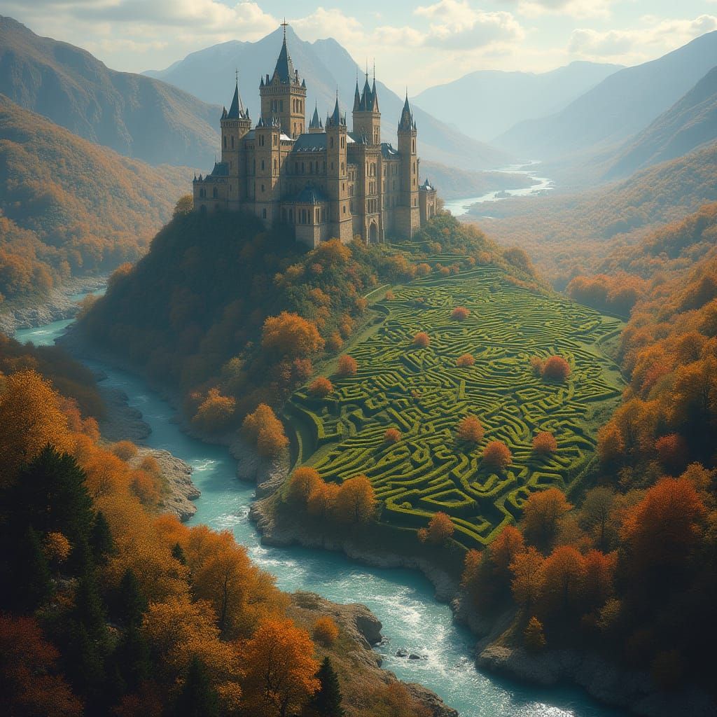 Gargantuan Castle Envelops Mountain Valley in Golden Brown M...