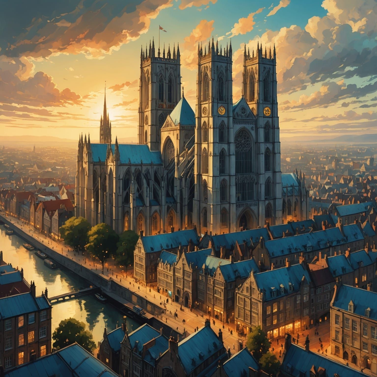 York Minster Sunset: Baroque Anime Oil Painting