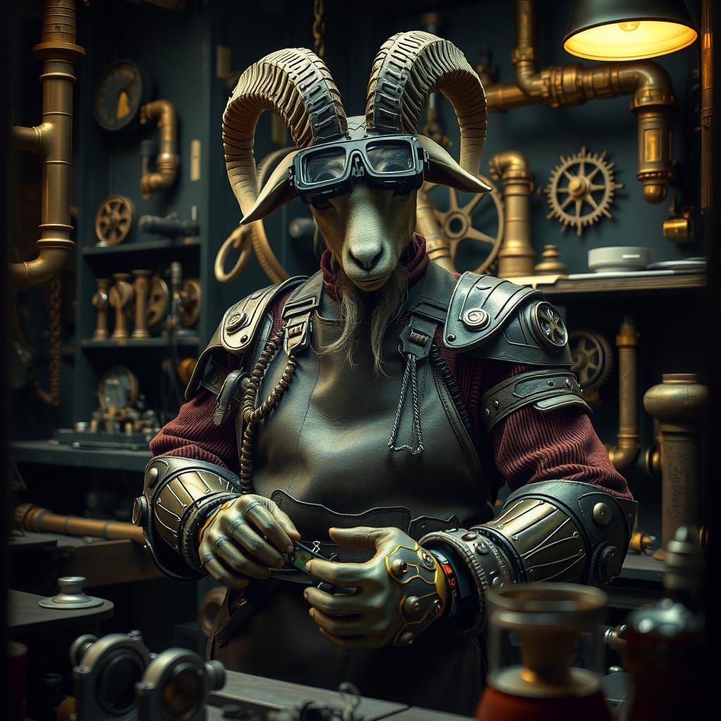 Goat Artificer Builds Steampunk Armor in Dark Fantasy