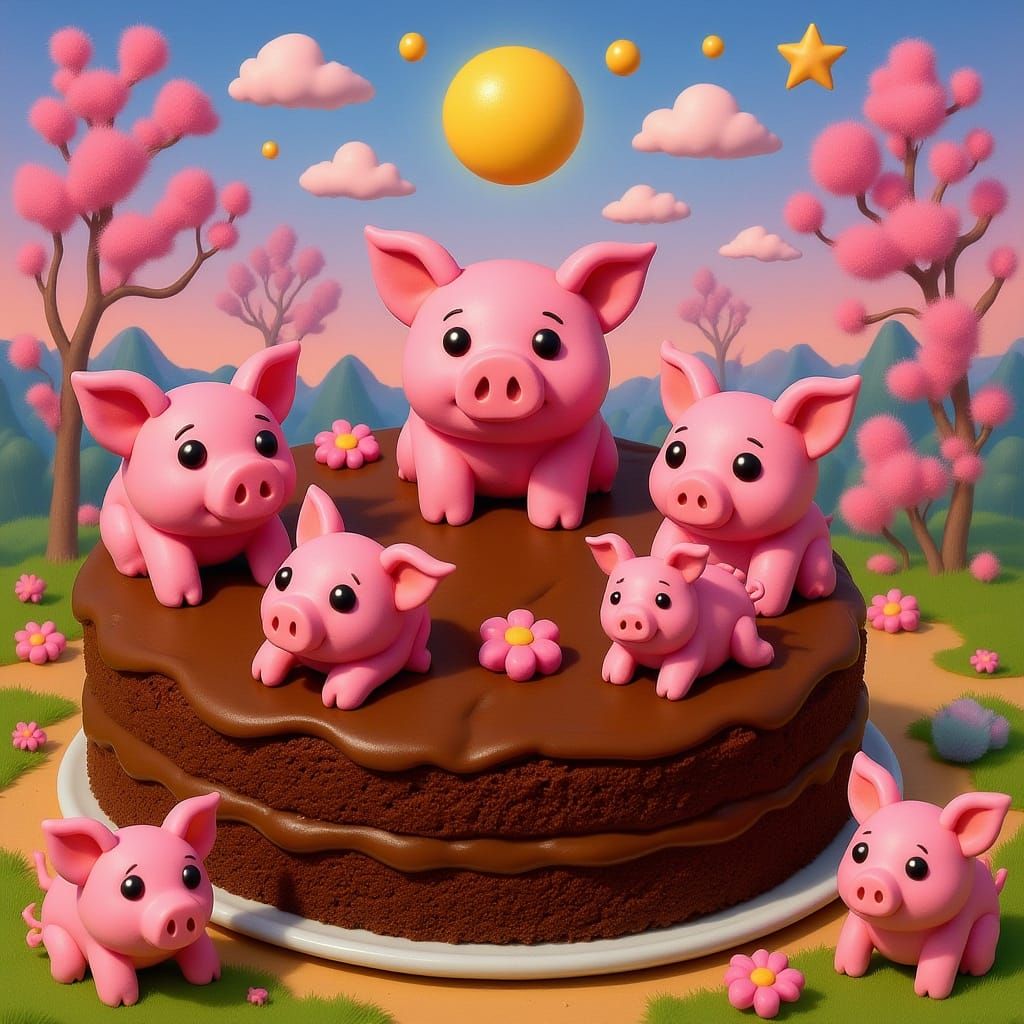 Whimsical Chocolate Cake with Pink Fondant Pigs