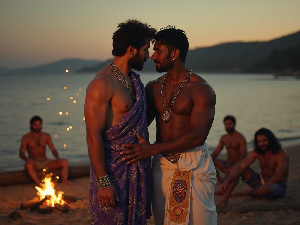 Two Men on the Shores of Eastern Lake at Dusk
