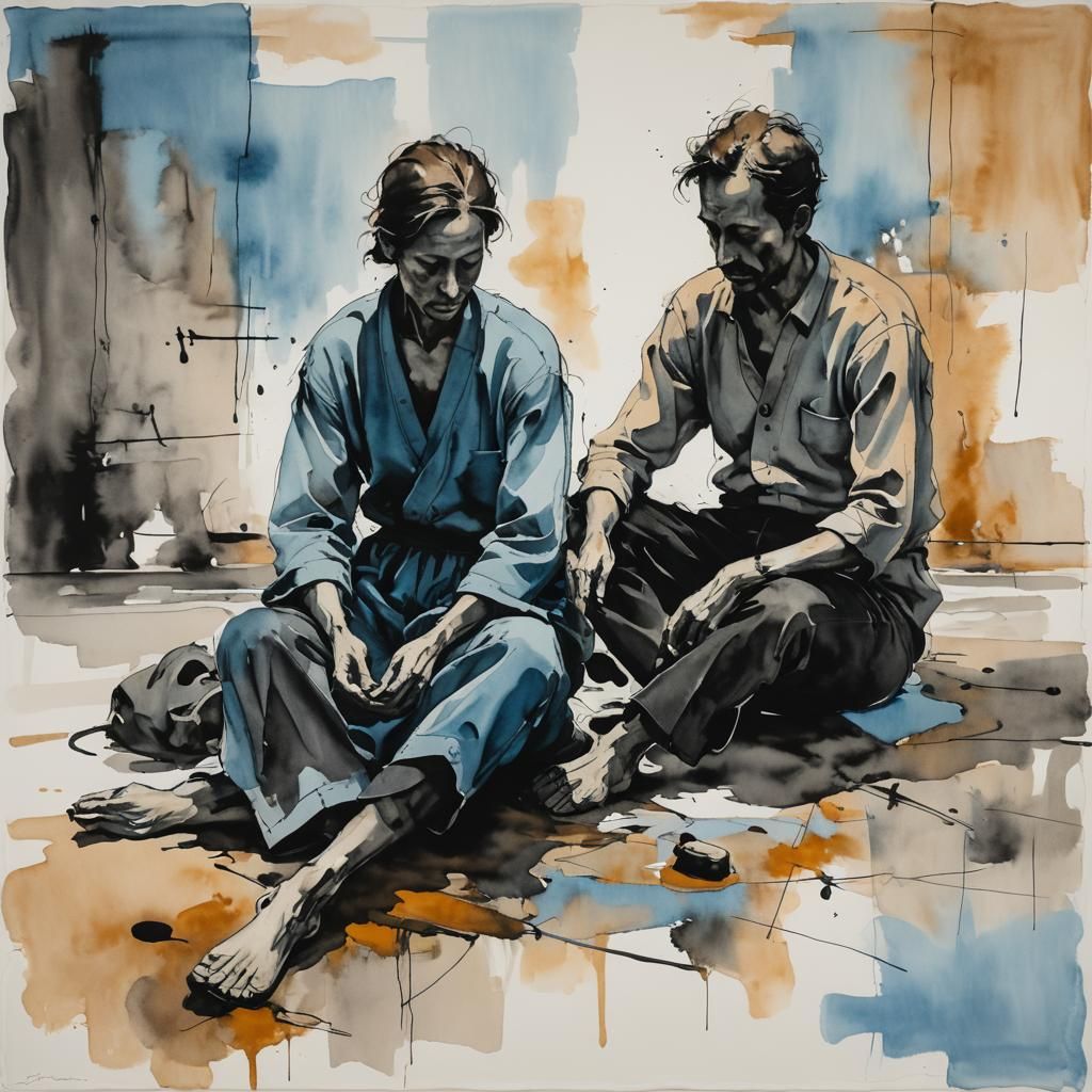 Monochromatic Ink Wash Painting of Two Figures