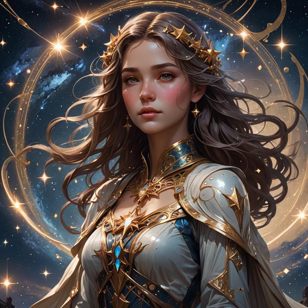 Glowing Woman Walks Starry Pathway in Space