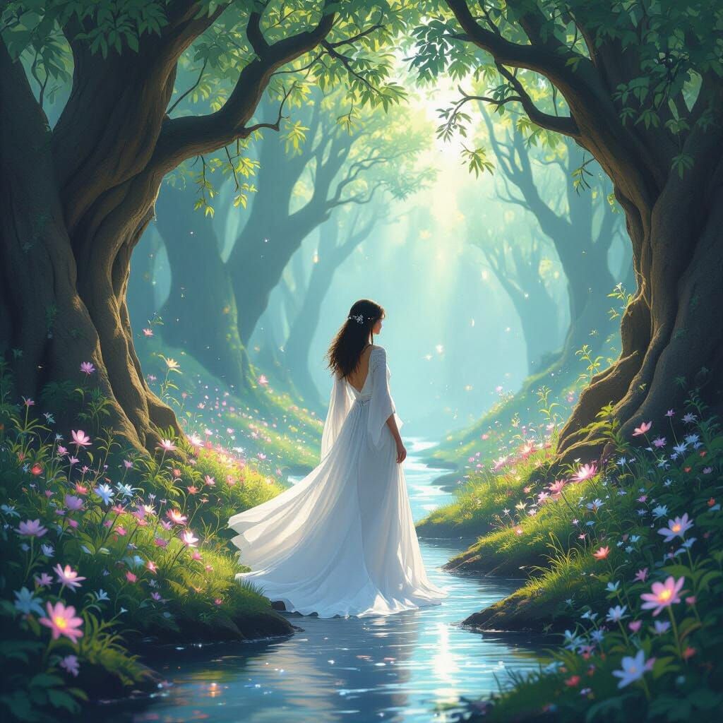 Enchanted Glade with Luminescent Flowers and Gentle Stream