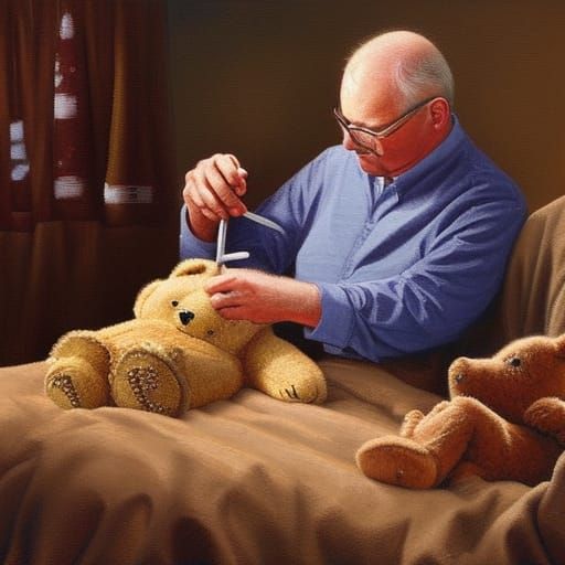 Father Bear's Tender Repair: Oil Painting