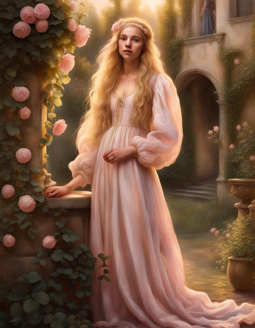 Renaissance Girl with Golden Hair in Garden
