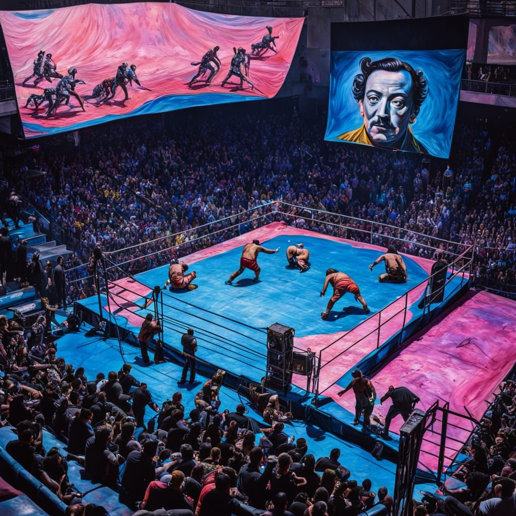 Surreal Wrestling Arena in Vibrant Watercolor