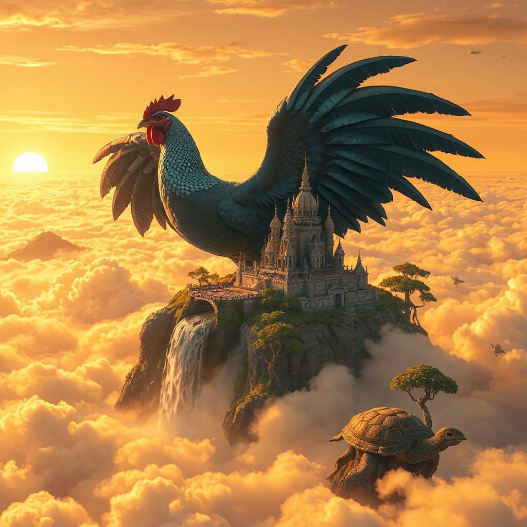Colossal Chicken Soaring Through Sunset Clouds