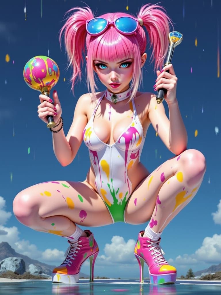 Woman Under Dripping Paint Shower in Expressive Style