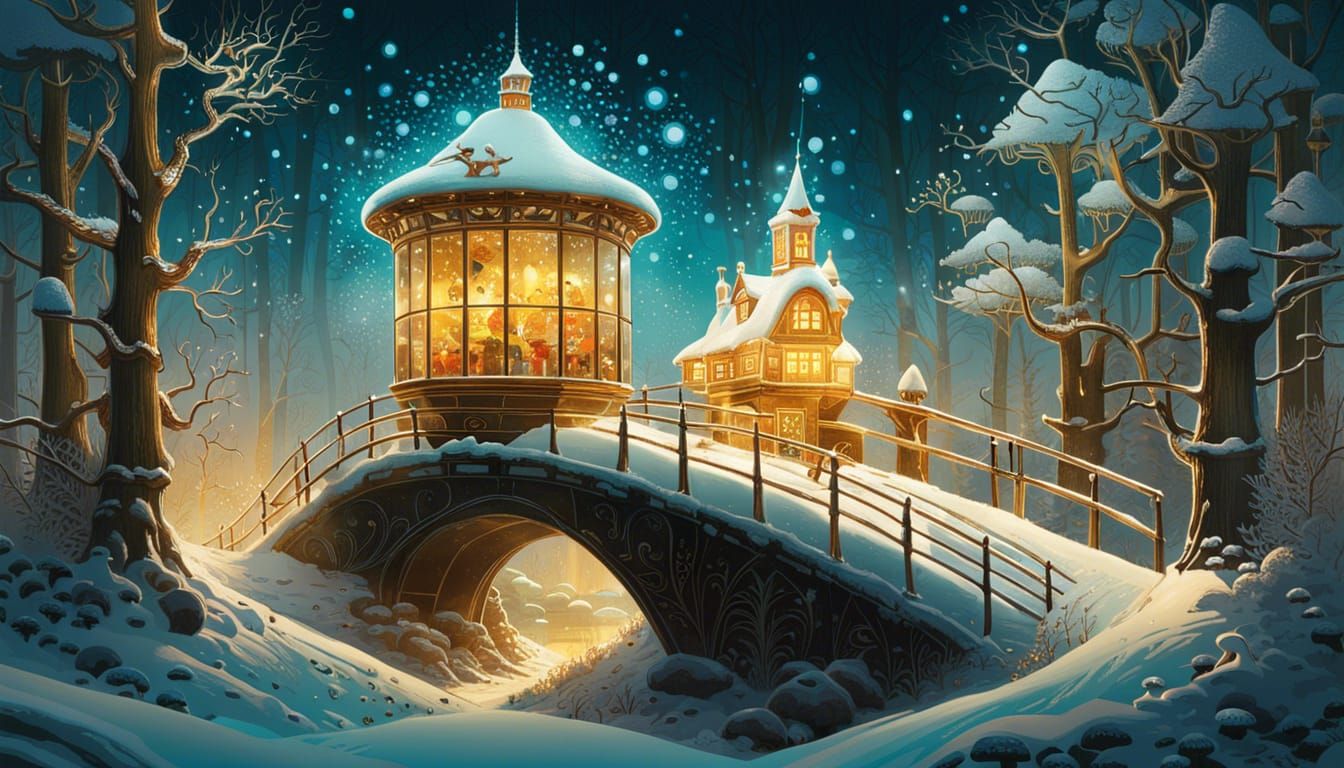 Magical Jar Houses Bridge with Crystals and Gold