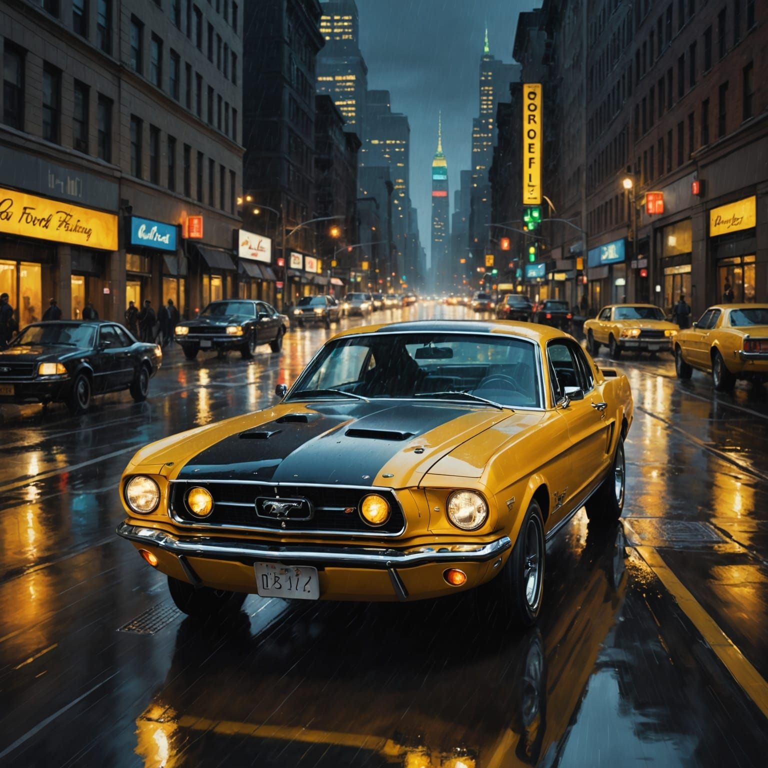 Classic Mustang Drives Wet City Street at Night