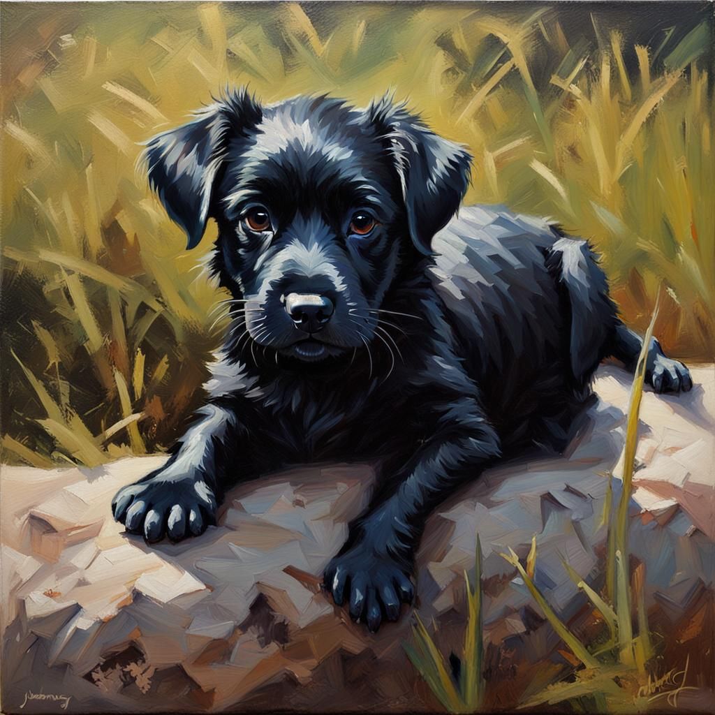 Cute Black Puppy: Oil Painting