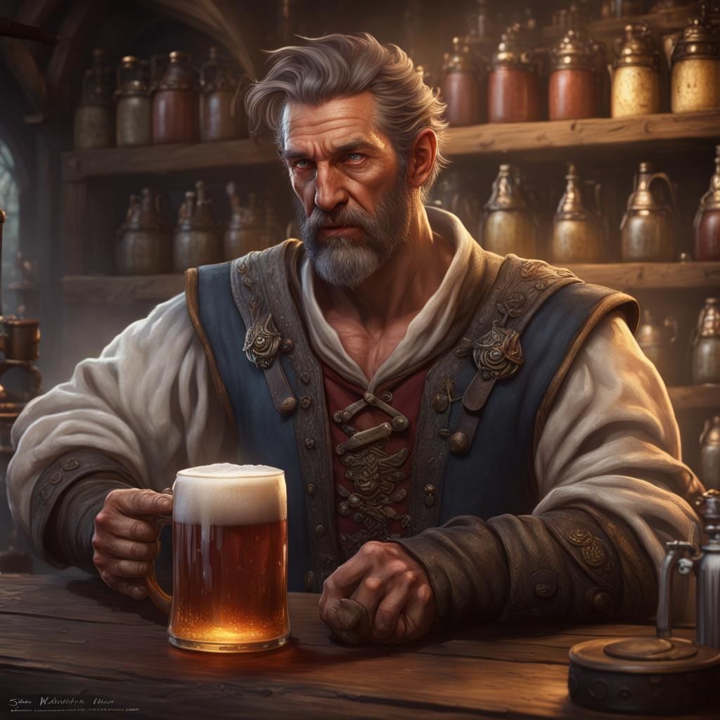 Fantasy Innkeeper Brewing Beer: Detailed Matte Painting