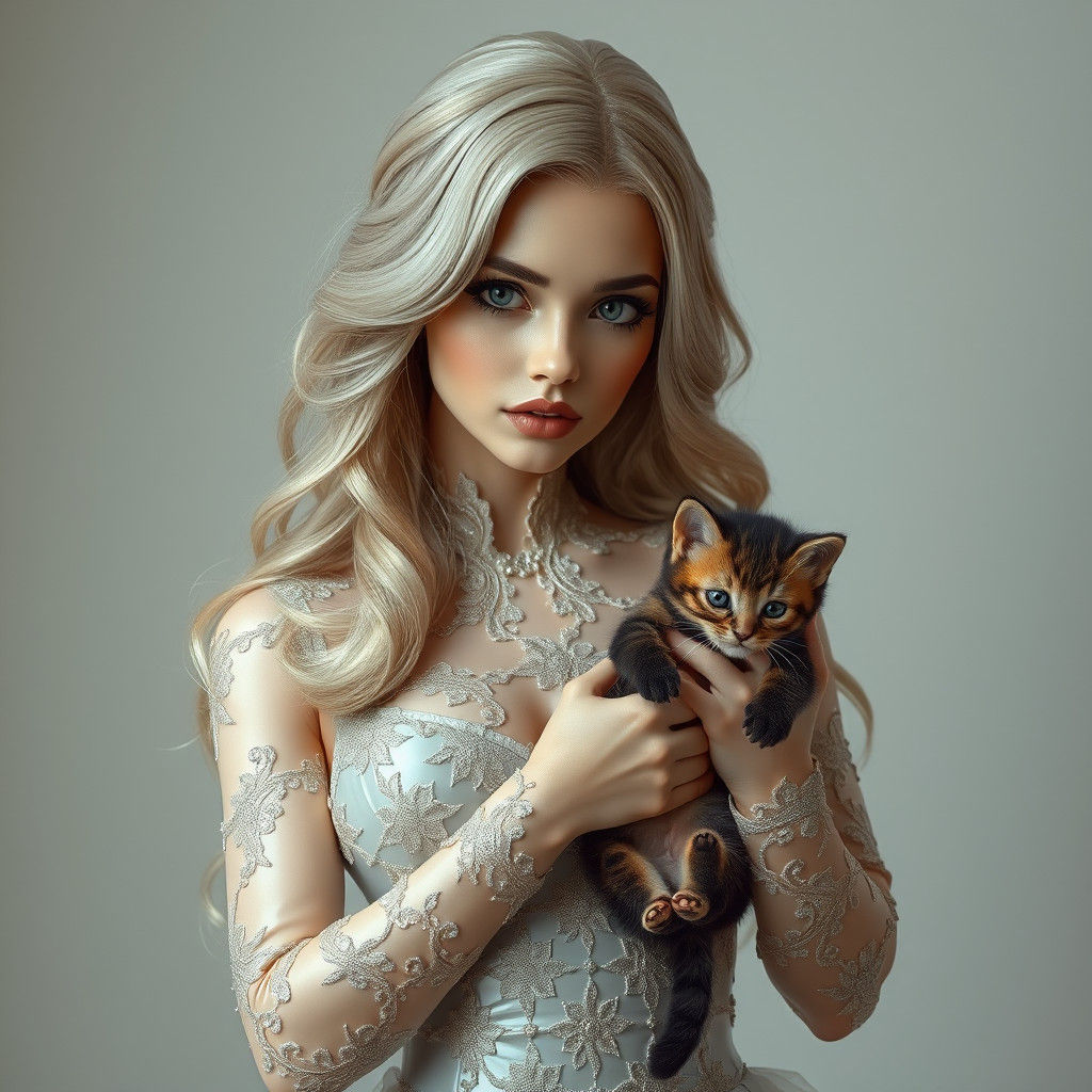 Woman in Latex Dress Holding Kitten