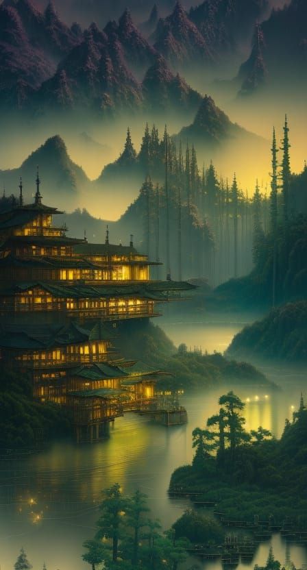 Futuristic Forest City at Night with Crystal River