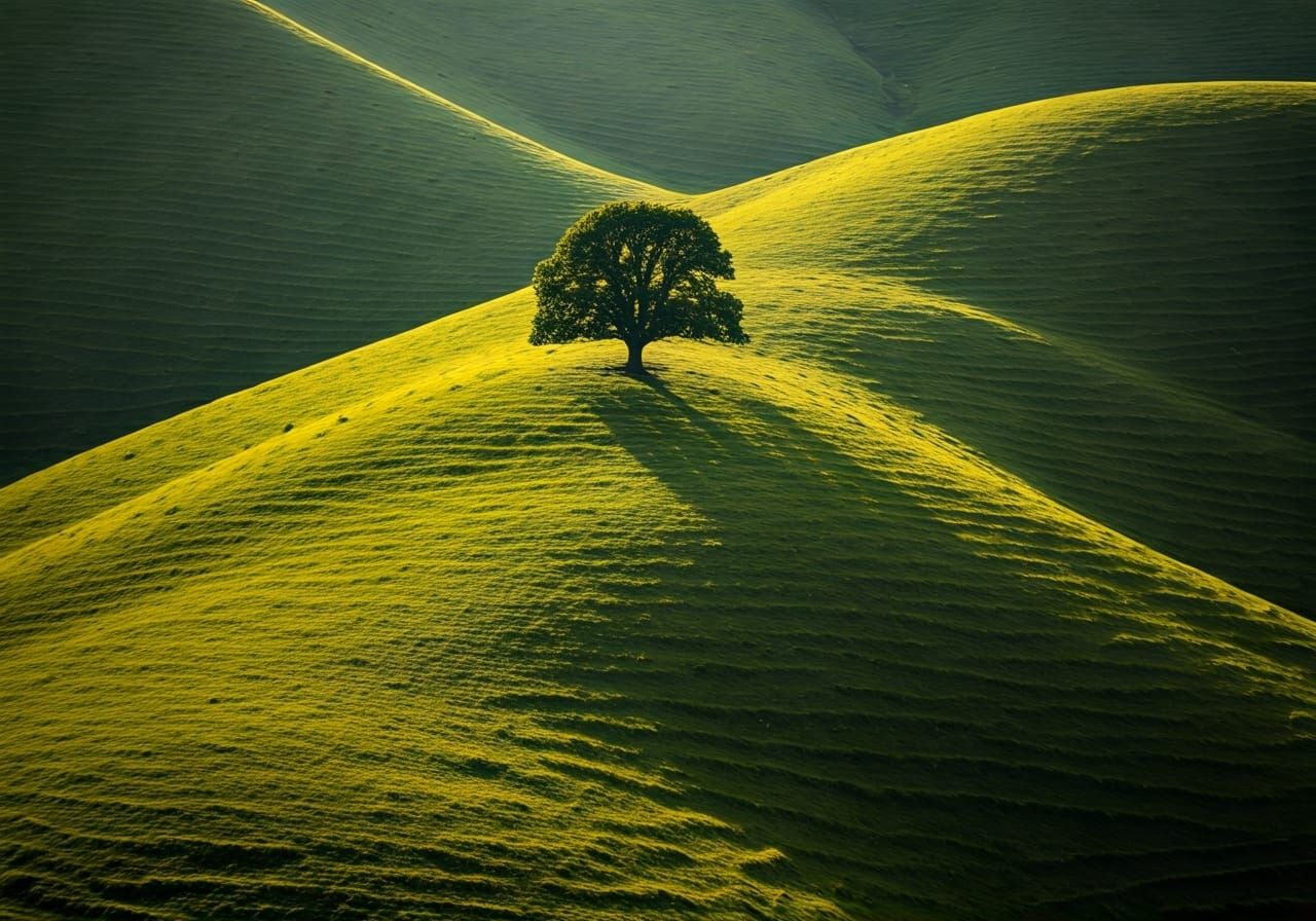 Lush Green Hillside: Aerial View in Minimalist Style