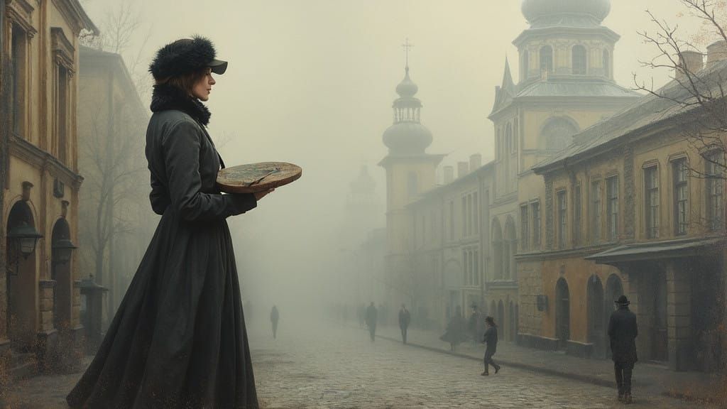 Young Woman in Elegant Coat Stands in Foggy 19th Century Cit...