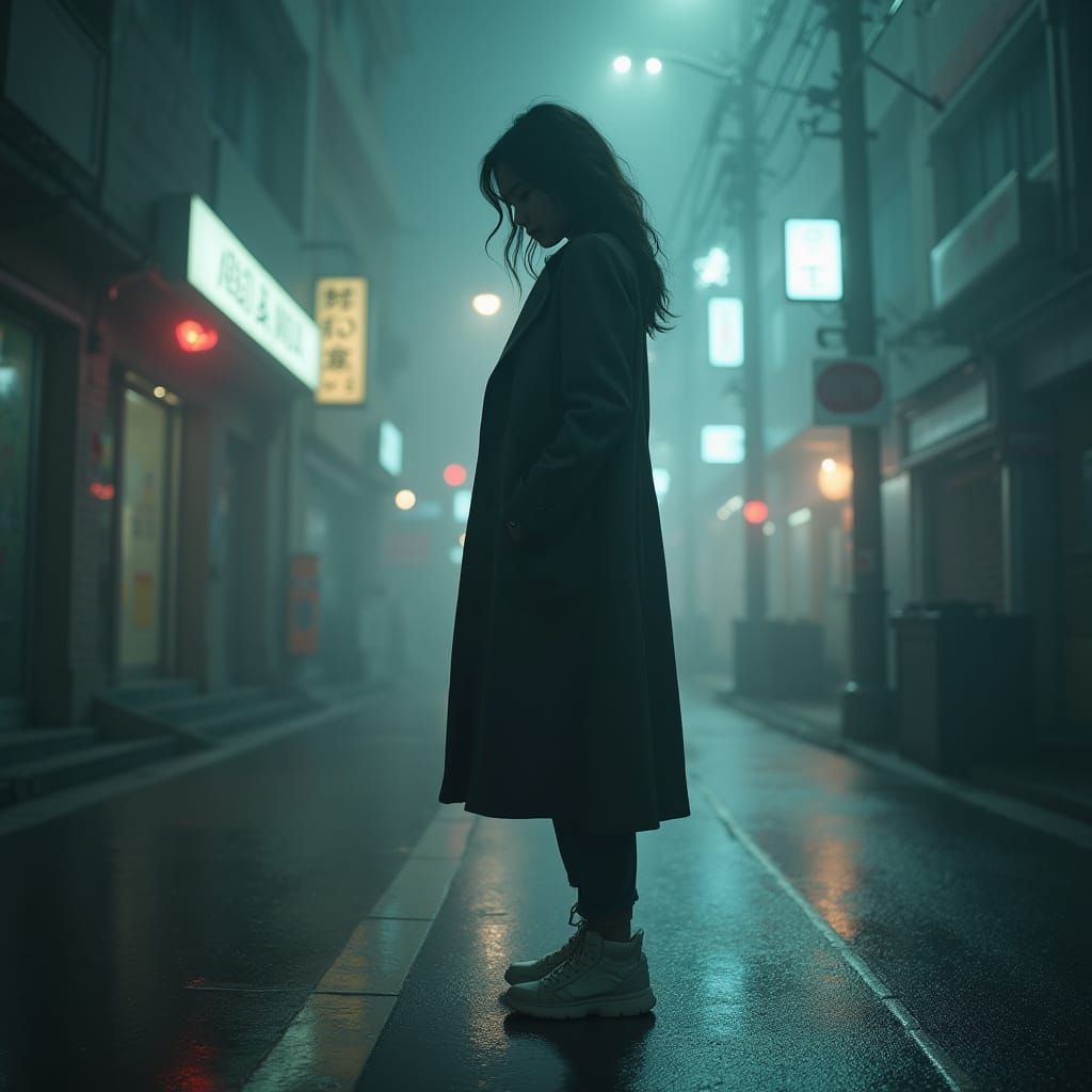 Woman in Foggy Street: Cyberpunk Film Noir