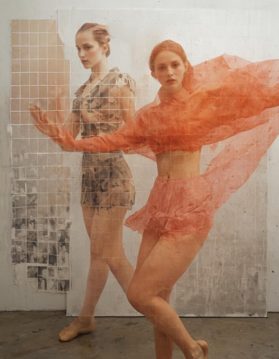 Dancers in a Halftone Art Studio with Grid Overlay