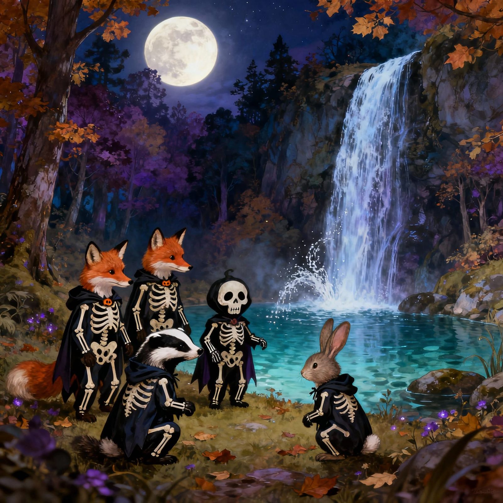 Forest Animals in Skeleton Costumes Under Full Moon