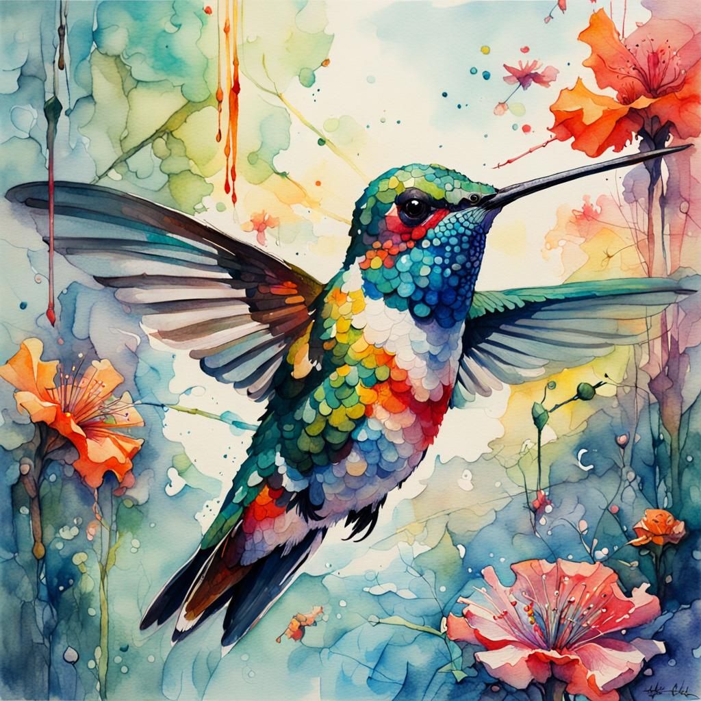 Hummingbird in Flight: Intricate Watercolour Fantasy