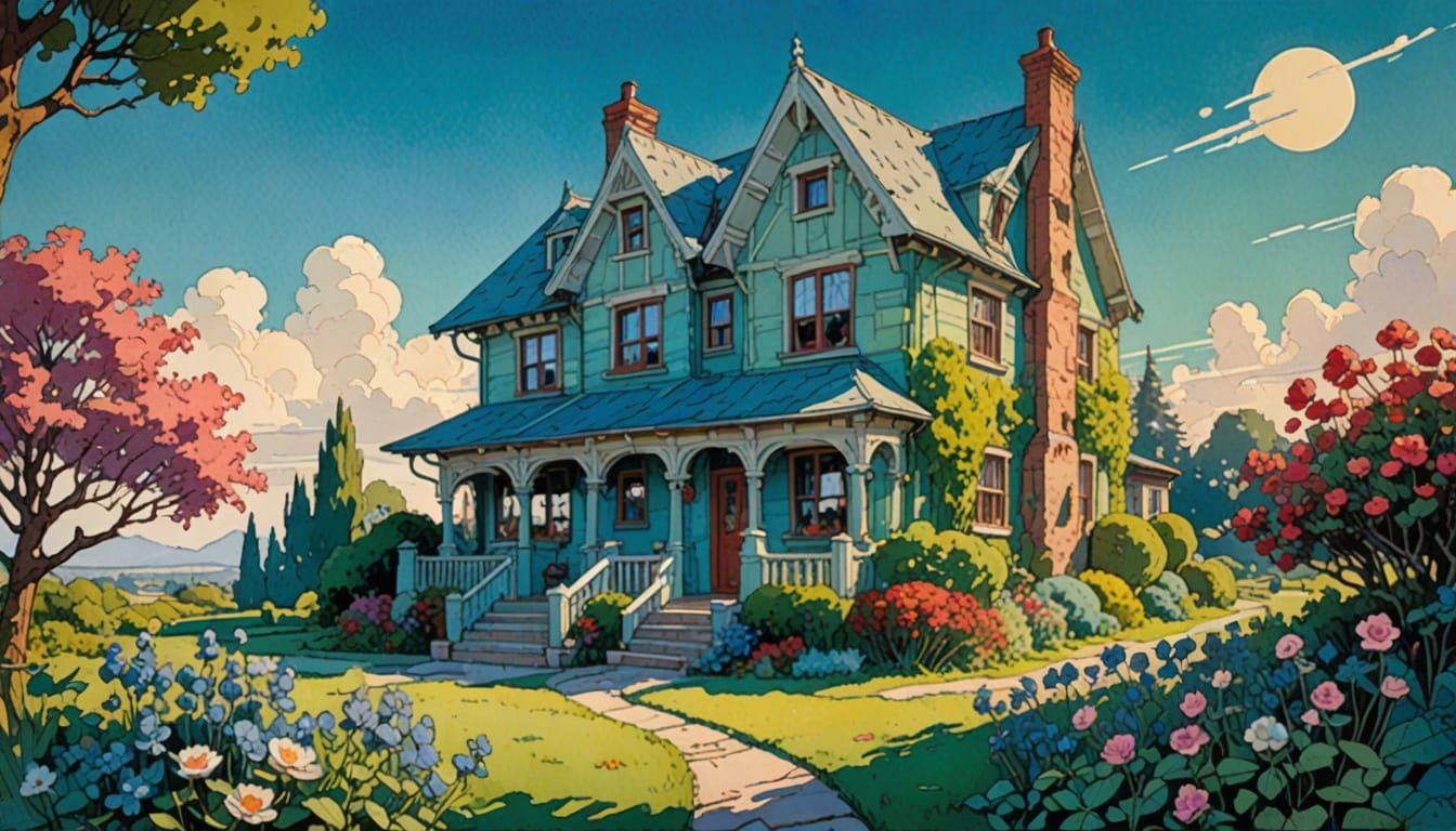 Cheerful Block House with Vines in Warm Sunlight