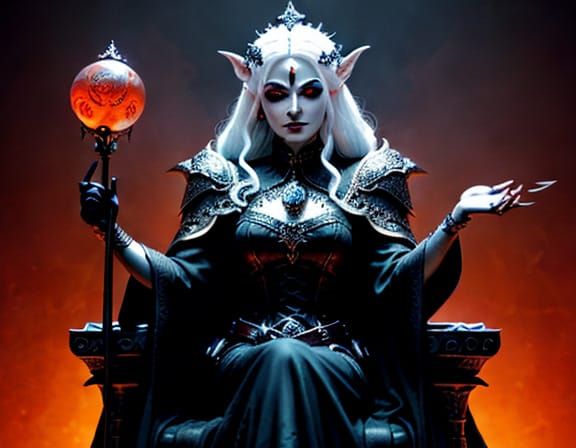 Madame Mayhem on Skull Throne in Pop Surrealism Style